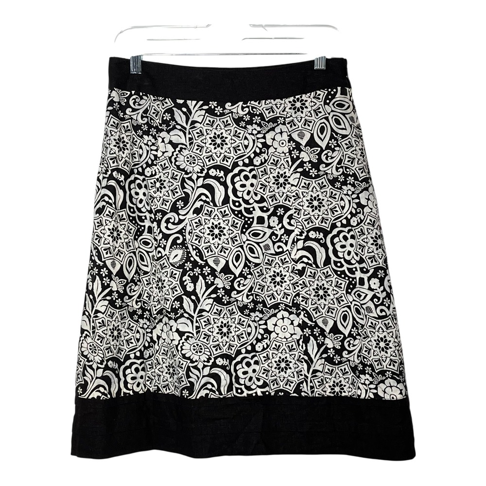 Cato Womens Size 6 Black White Medallion Floral Linen Blend A-Line Skirt Zipper